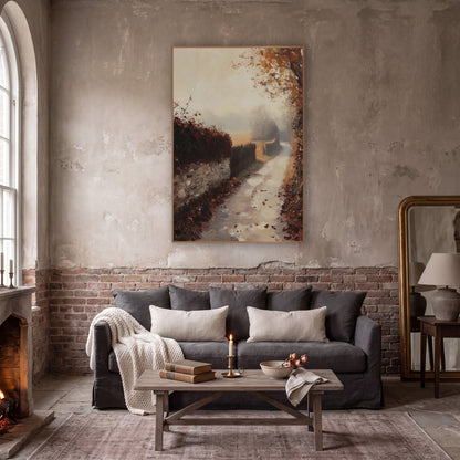Foggy Hedgerow Leaf Lane Rustic wall art in a moody dark academia room – misty autumn lane beside a stone wall