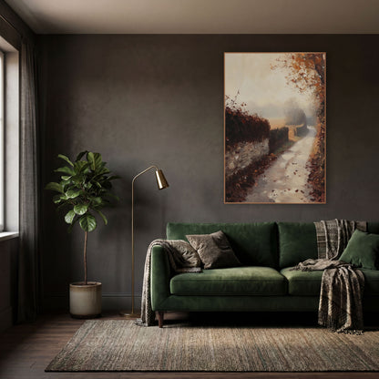 Foggy Hedgerow Leaf Lane Rustic wall art in a moody dark academia room – misty autumn lane beside a stone wall