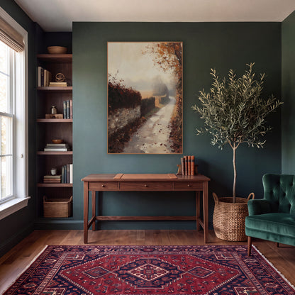 Foggy Hedgerow Leaf Lane Rustic wall art in a moody dark academia room – misty autumn lane beside a stone wall