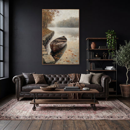 Stone Steps Rowboat Lake Classic wall art in a moody dark academia room – weathered wooden rowboat beside stone steps