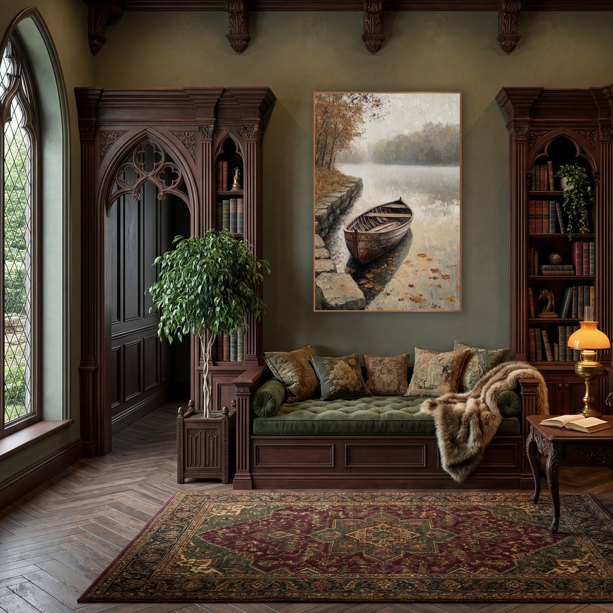 Stone Steps Rowboat Lake Classic wall art in a moody dark academia room – weathered wooden rowboat beside stone steps