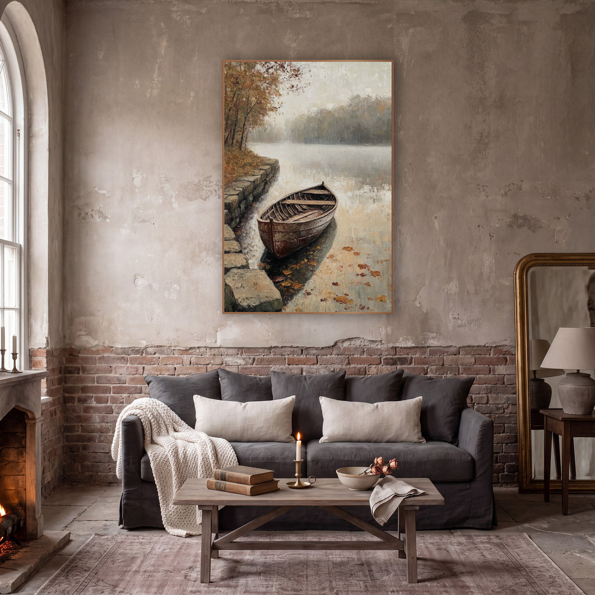 Stone Steps Rowboat Lake Classic wall art in a moody dark academia room – weathered wooden rowboat beside stone steps