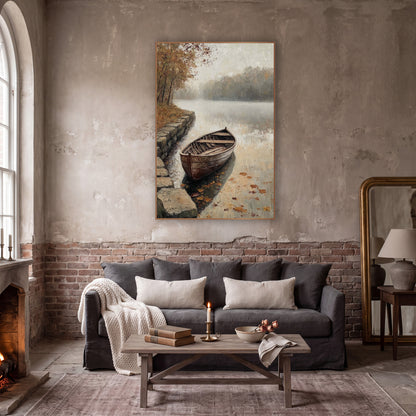 Stone Steps Rowboat Lake Classic wall art in a moody dark academia room – weathered wooden rowboat beside stone steps