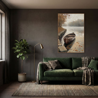 Stone Steps Rowboat Lake Classic wall art in a moody dark academia room – weathered wooden rowboat beside stone steps