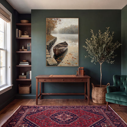 Stone Steps Rowboat Lake Classic wall art in a moody dark academia room – weathered wooden rowboat beside stone steps