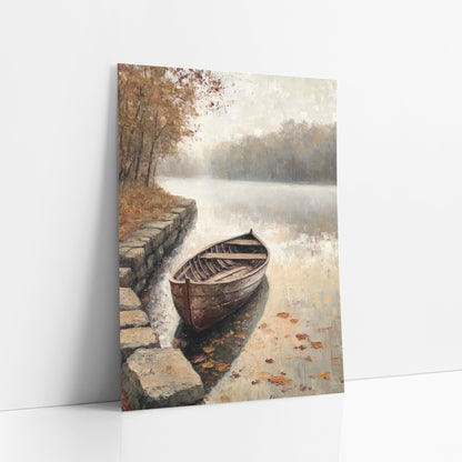 Stone Steps Rowboat Lake Classic art print leaning against a white wall – weathered wooden rowboat beside stone steps