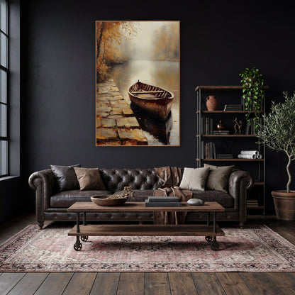 Misty Autumn Rowboat Lakeside Landscape wall art in a moody dark academia room – weathered wooden rowboat moored