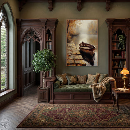 Misty Autumn Rowboat Lakeside Landscape wall art in a moody dark academia room – weathered wooden rowboat moored