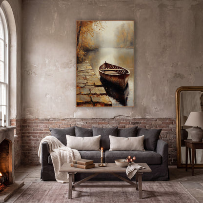 Misty Autumn Rowboat Lakeside Landscape wall art in a moody dark academia room – weathered wooden rowboat moored