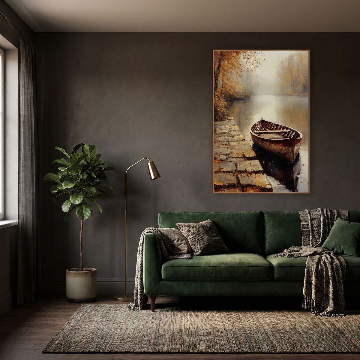 Misty Autumn Rowboat Lakeside Landscape wall art in a moody dark academia room – weathered wooden rowboat moored