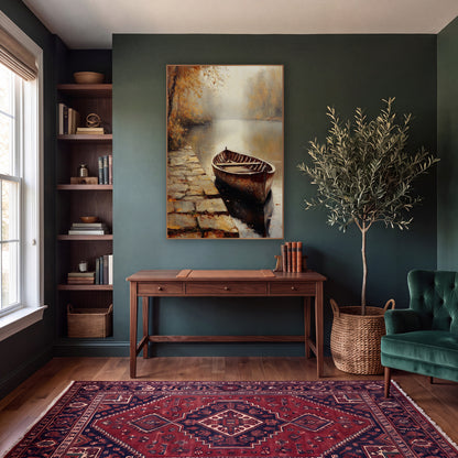 Misty Autumn Rowboat Lakeside Landscape wall art in a moody dark academia room – weathered wooden rowboat moored