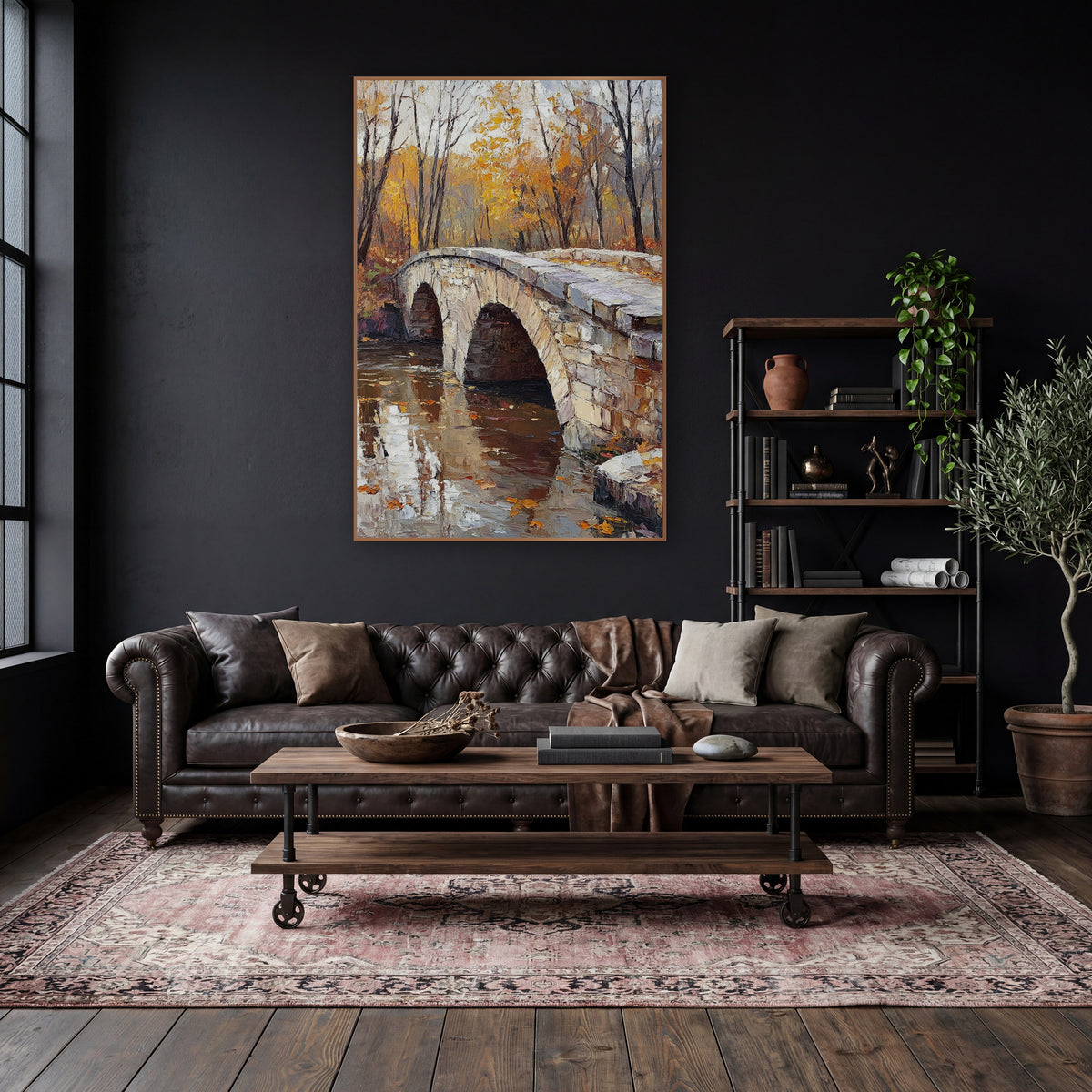 Twin Arch Creek Autumn Moody wall art in a moody dark academia room – stone arch bridge over still water with orange