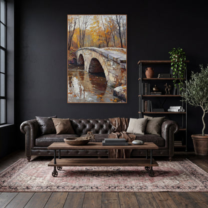 Twin Arch Creek Autumn Moody wall art in a moody dark academia room – stone arch bridge over still water with orange