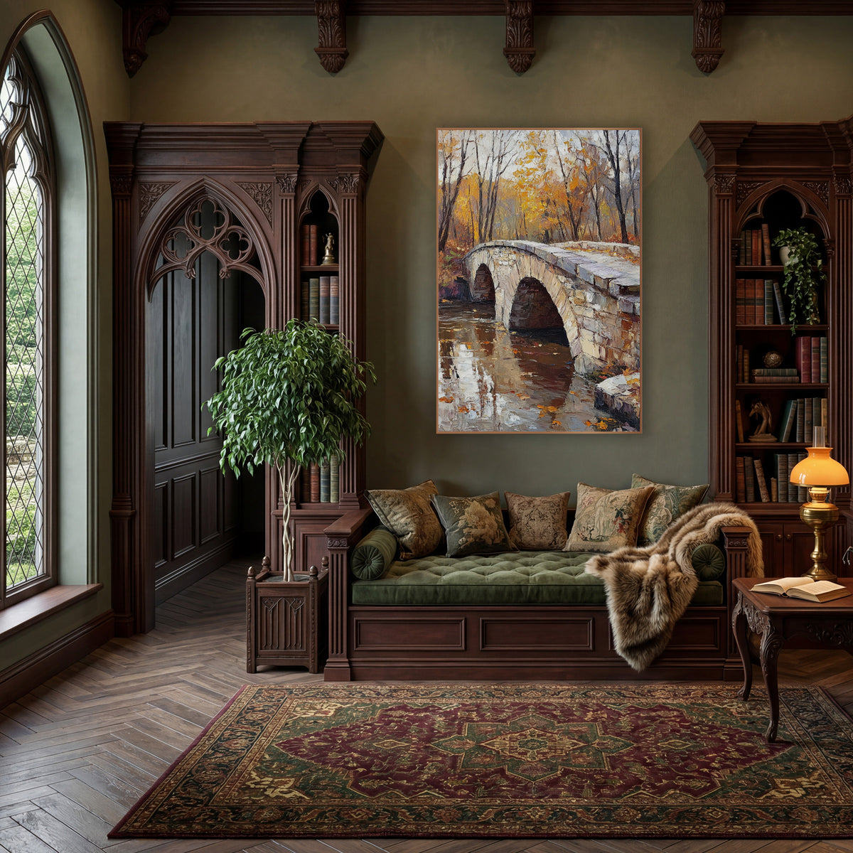 Twin Arch Creek Autumn Moody wall art in a moody dark academia room – stone arch bridge over still water with orange