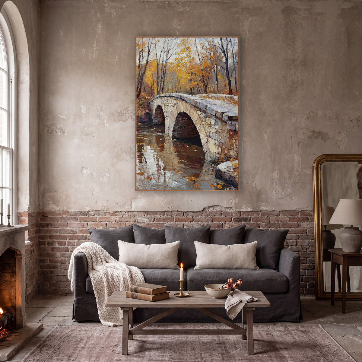 Twin Arch Creek Autumn Moody wall art in a moody dark academia room – stone arch bridge over still water with orange