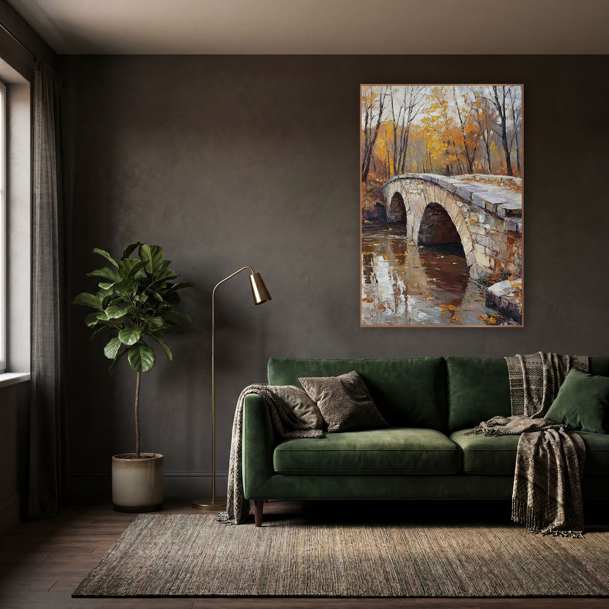 Twin Arch Creek Autumn Moody wall art in a moody dark academia room – stone arch bridge over still water with orange