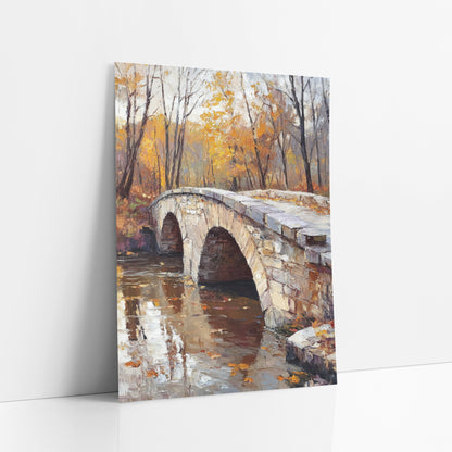 Twin Arch Creek Autumn Moody art print leaning against a white wall – stone arch bridge over still water with orange autumn