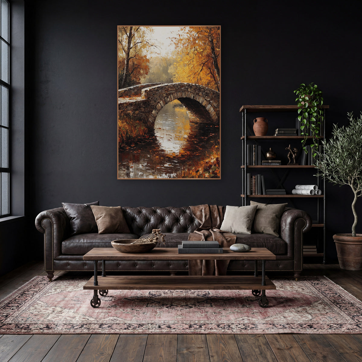 Golden Footbridge Mist Rustic wall art in a moody dark academia room – arched stone bridge over still water