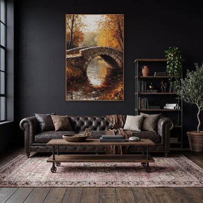 Golden Footbridge Mist Rustic wall art in a moody dark academia room – arched stone bridge over still water