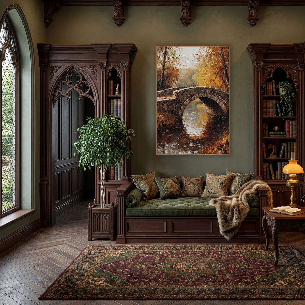 Golden Footbridge Mist Rustic wall art in a moody dark academia room – arched stone bridge over still water