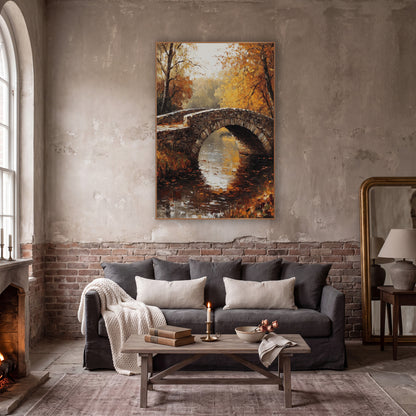 Golden Footbridge Mist Rustic wall art in a moody dark academia room – arched stone bridge over still water