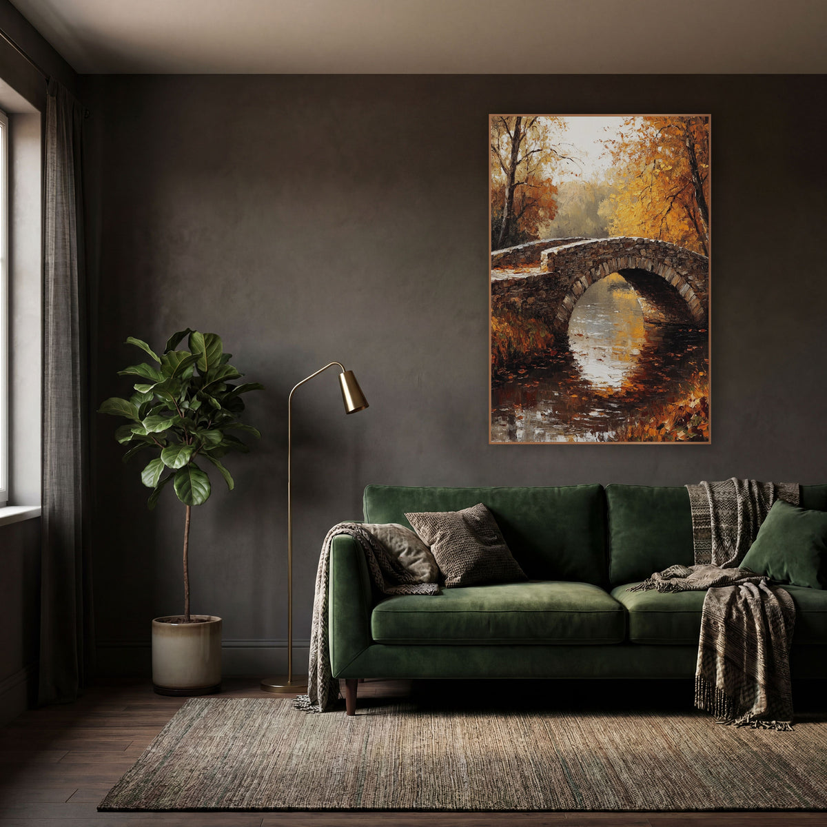 Golden Footbridge Mist Rustic wall art in a moody dark academia room – arched stone bridge over still water