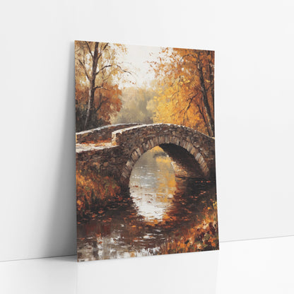 Golden Footbridge Mist Rustic art print leaning against a white wall – arched stone bridge over still water with reflections