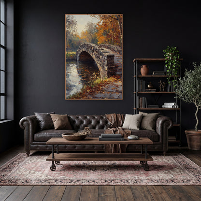 Cobbled Bridge Path Classic wall art in a moody dark academia room – arched stone bridge over still water, framed