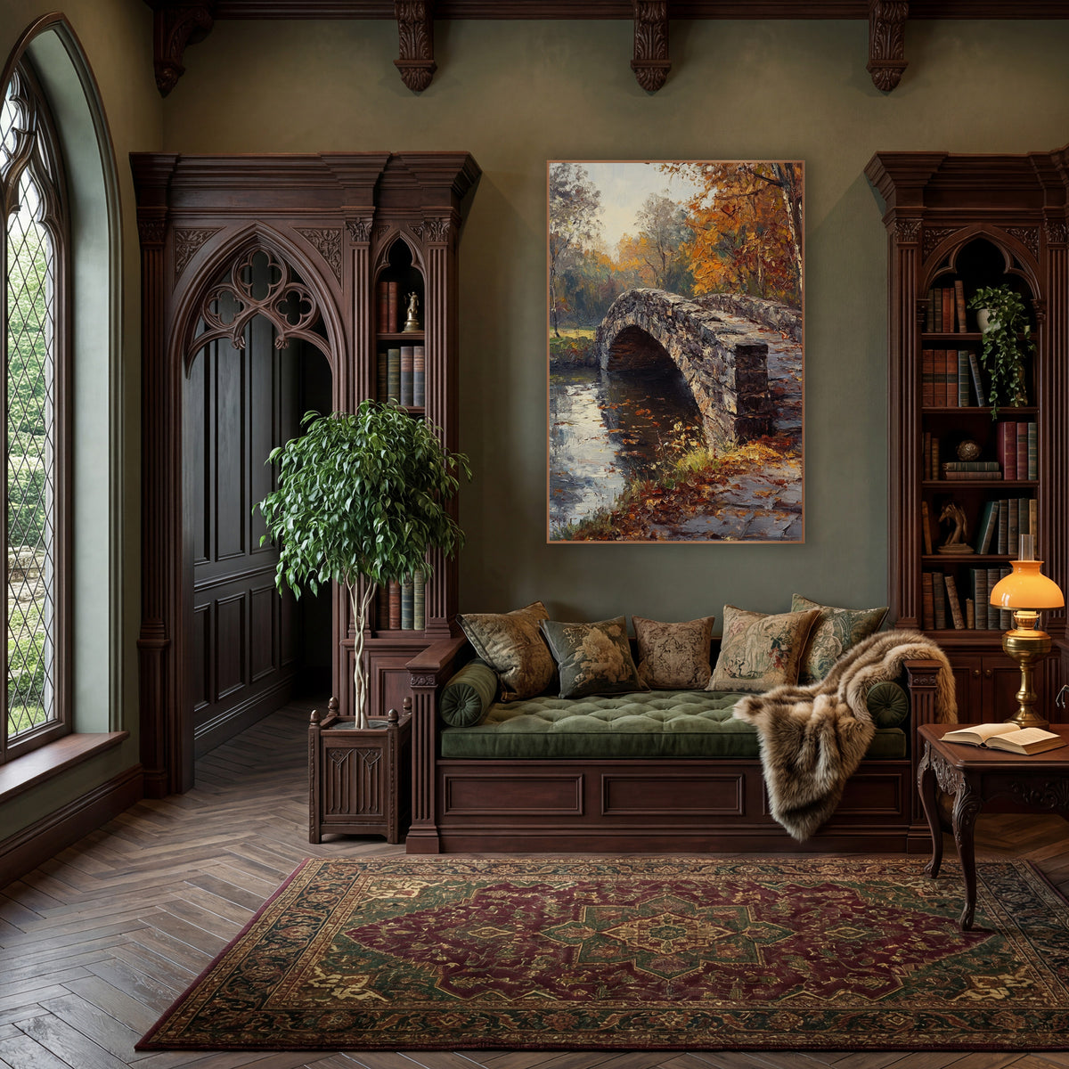 Cobbled Bridge Path Classic wall art in a moody dark academia room – arched stone bridge over still water, framed