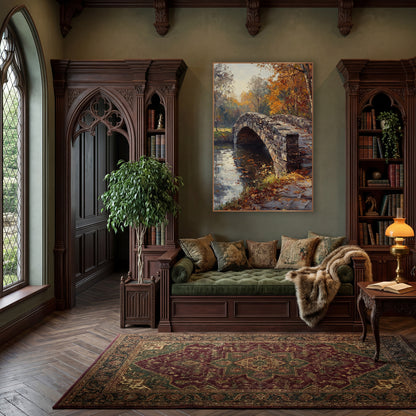 Cobbled Bridge Path Classic wall art in a moody dark academia room – arched stone bridge over still water, framed