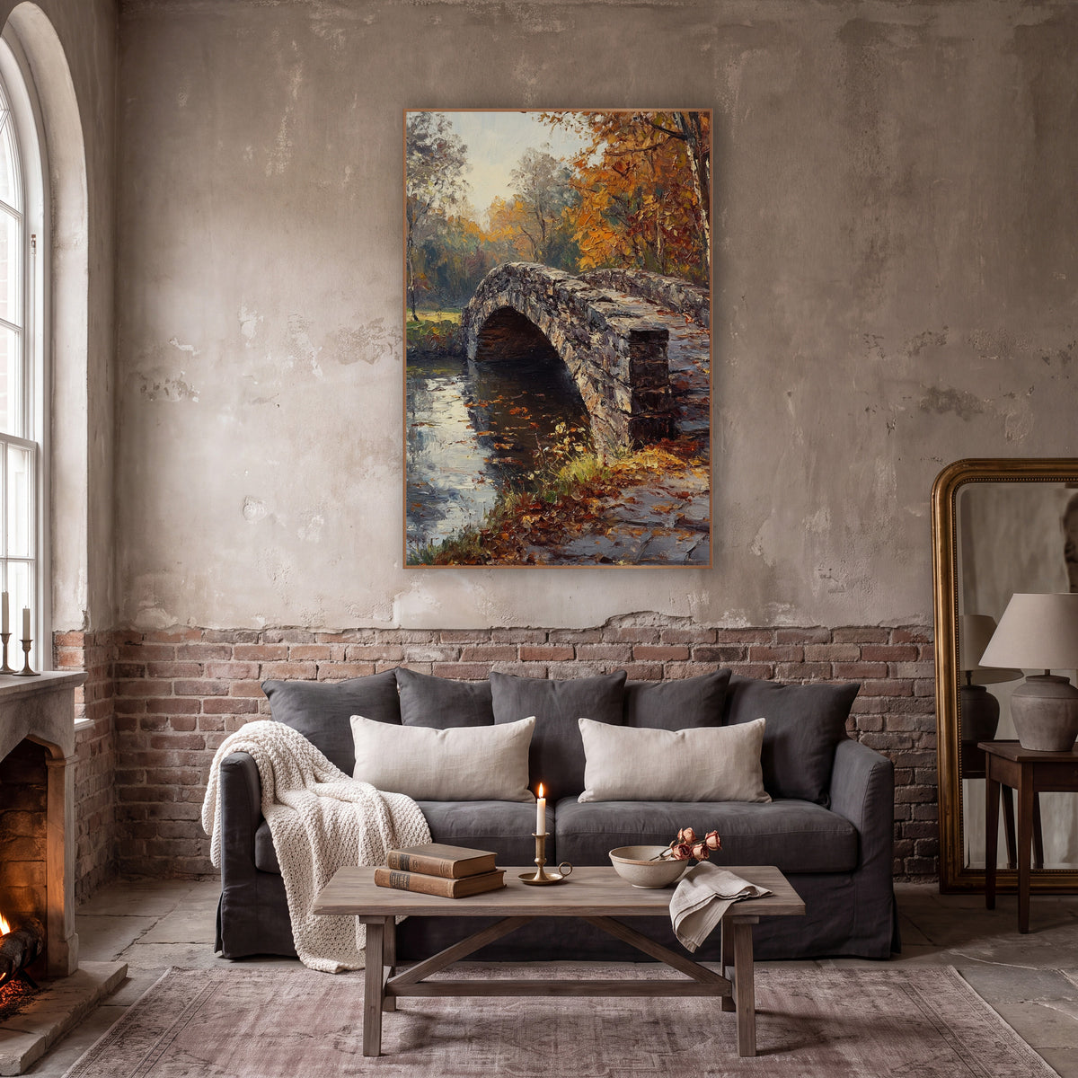 Cobbled Bridge Path Classic wall art in a moody dark academia room – arched stone bridge over still water, framed