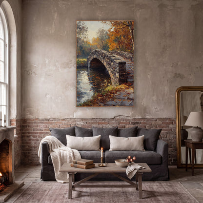 Cobbled Bridge Path Classic wall art in a moody dark academia room – arched stone bridge over still water, framed