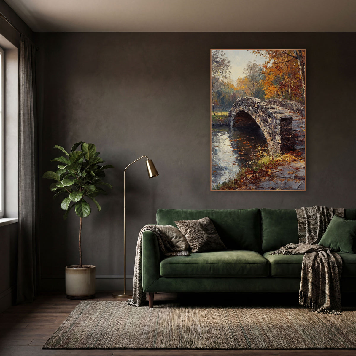 Cobbled Bridge Path Classic wall art in a moody dark academia room – arched stone bridge over still water, framed
