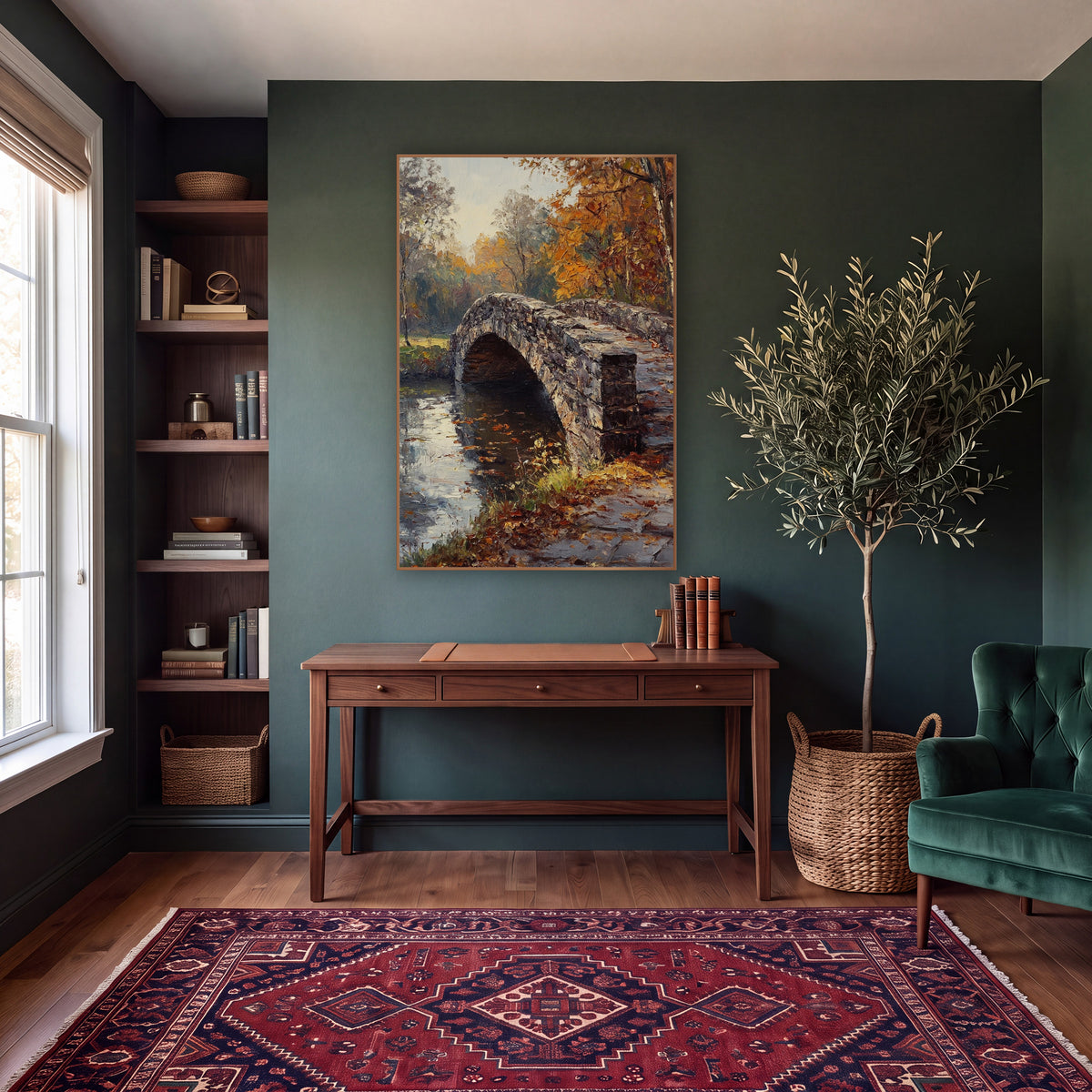 Cobbled Bridge Path Classic wall art in a moody dark academia room – arched stone bridge over still water, framed