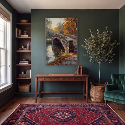 Cobbled Bridge Path Classic wall art in a moody dark academia room – arched stone bridge over still water, framed