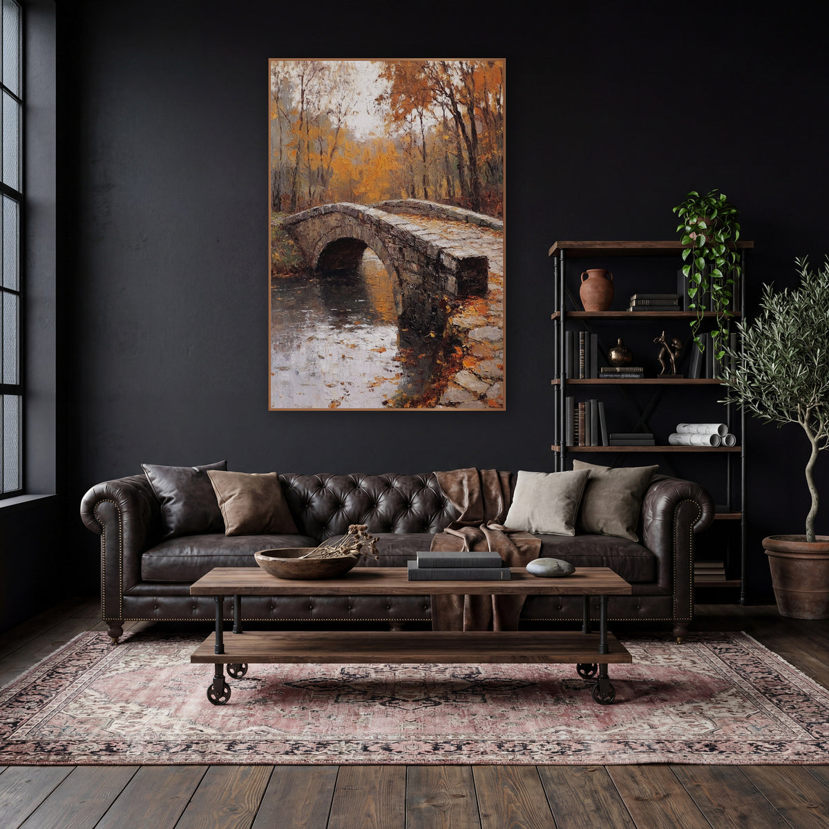 Autumn Stone Bridge Landscape Moody wall art in a moody dark academia room – arched stone bridge over still water