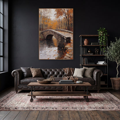 Autumn Stone Bridge Landscape Moody wall art in a moody dark academia room – arched stone bridge over still water