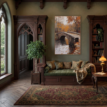 Autumn Stone Bridge Landscape Moody wall art in a moody dark academia room – arched stone bridge over still water