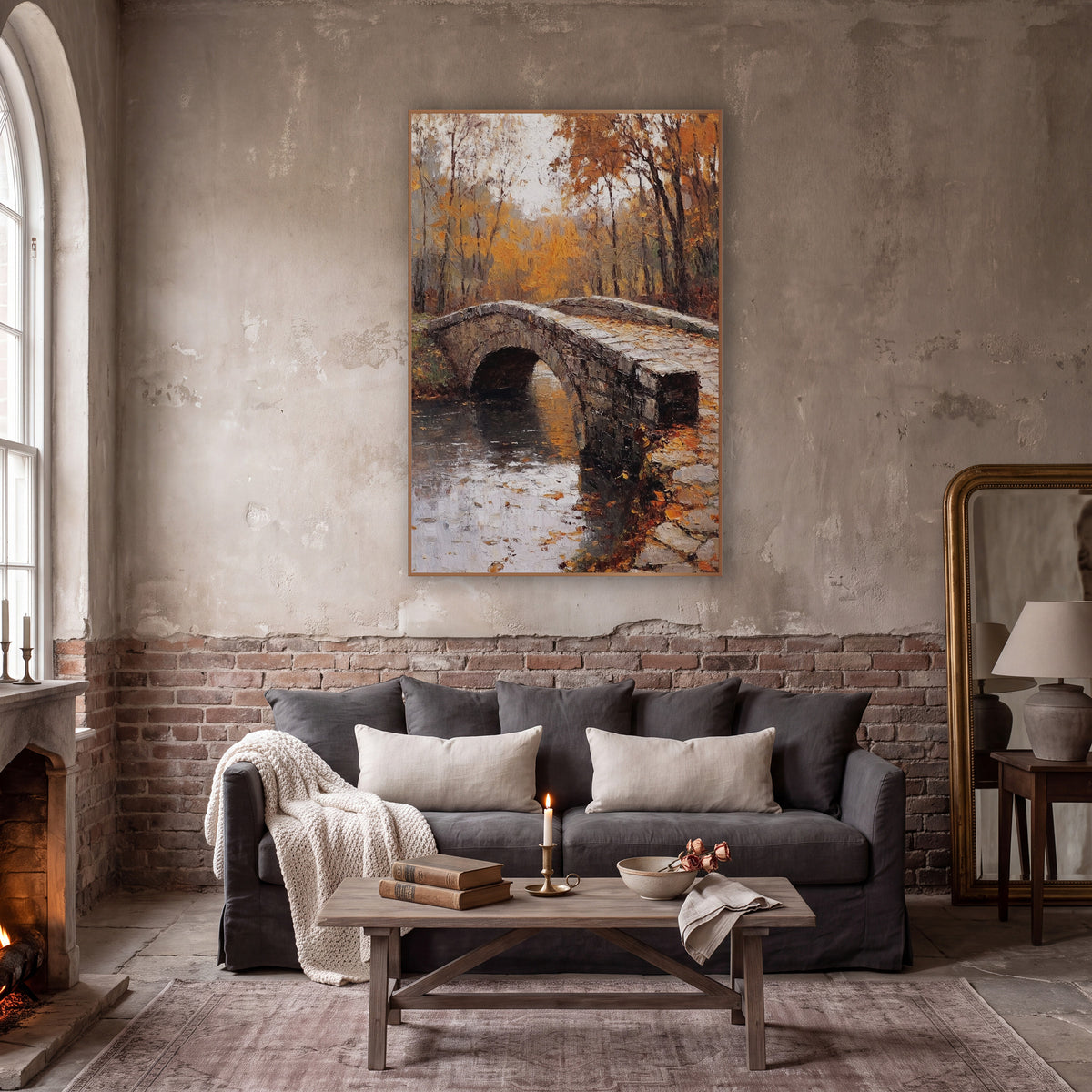 Autumn Stone Bridge Landscape Moody wall art in a moody dark academia room – arched stone bridge over still water