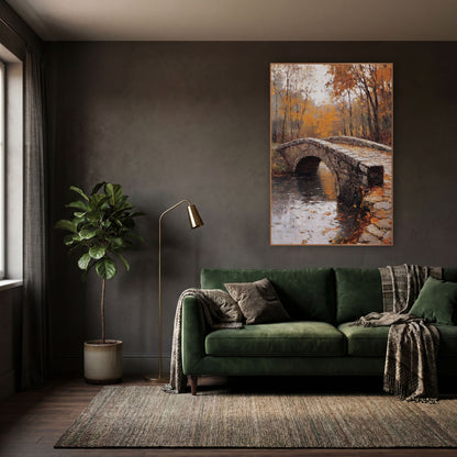 Autumn Stone Bridge Landscape Moody wall art in a moody dark academia room – arched stone bridge over still water