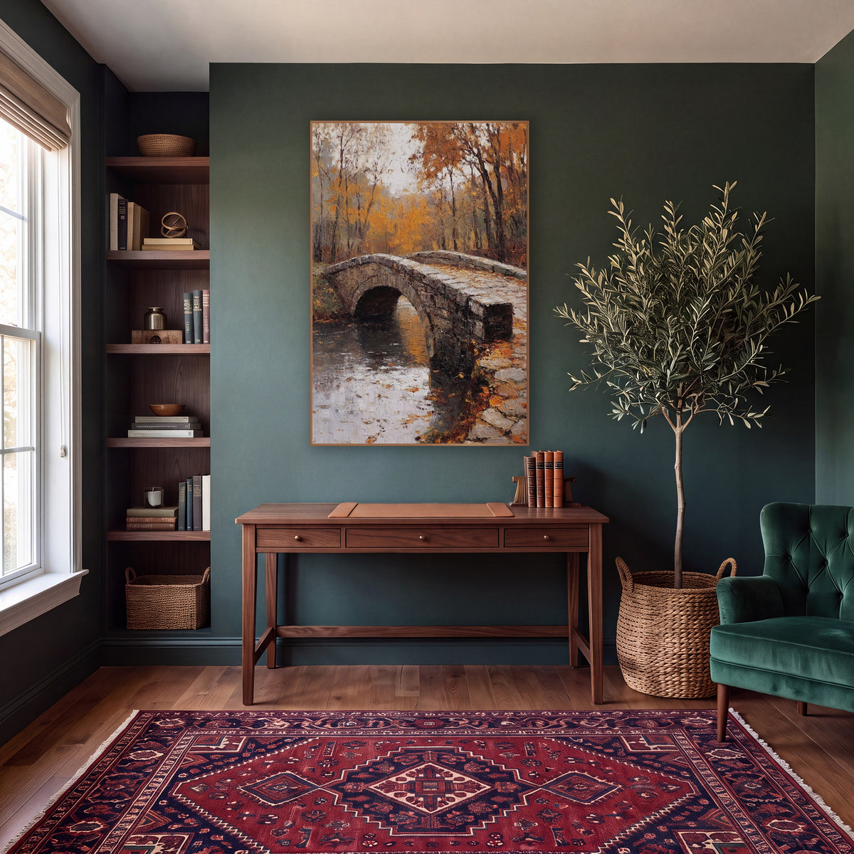 Autumn Stone Bridge Landscape Moody wall art in a moody dark academia room – arched stone bridge over still water