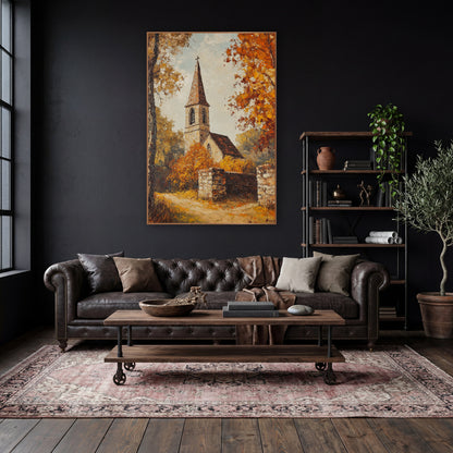 Autumn Village Chapel Landscape wall art in a moody dark academia room – stone village chapel with pointed steeple