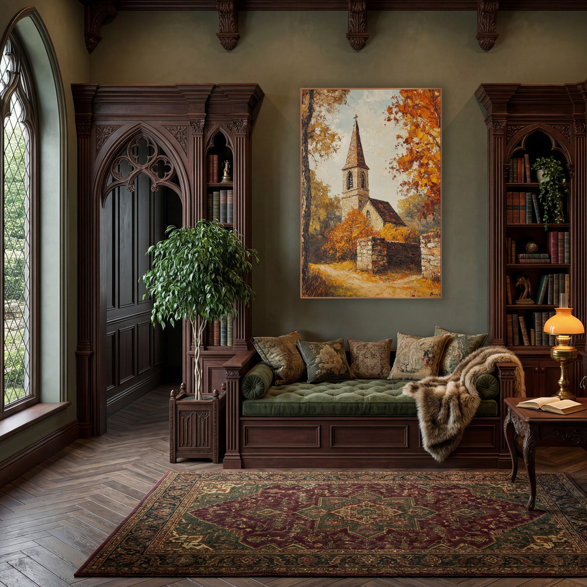 Autumn Village Chapel Landscape wall art in a moody dark academia room – stone village chapel with pointed steeple