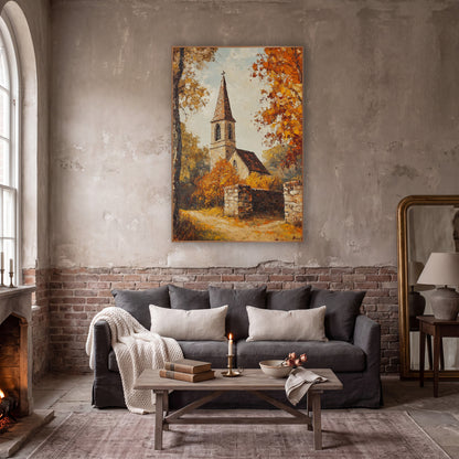 Autumn Village Chapel Landscape wall art in a moody dark academia room – stone village chapel with pointed steeple