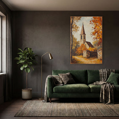 Autumn Village Chapel Landscape wall art in a moody dark academia room – stone village chapel with pointed steeple