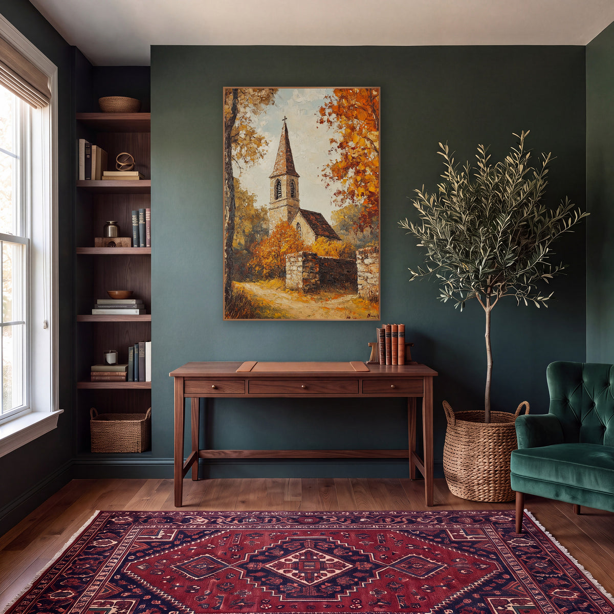 Autumn Village Chapel Landscape wall art in a moody dark academia room – stone village chapel with pointed steeple