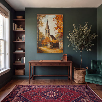 Autumn Village Chapel Landscape wall art in a moody dark academia room – stone village chapel with pointed steeple