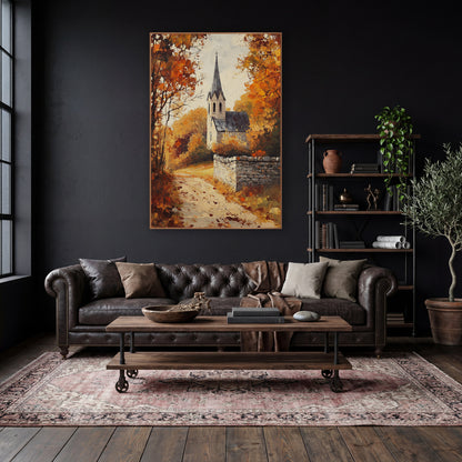 Autumn Village Chapel Path Landscape wall art in a moody dark academia room – autumn village chapel with slate spire