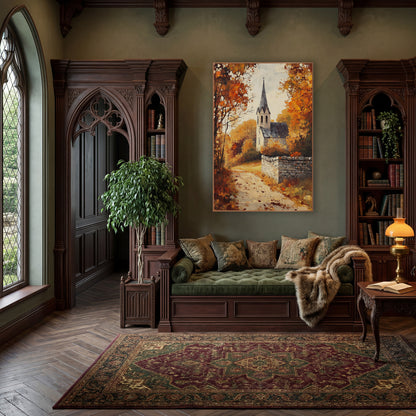 Autumn Village Chapel Path Landscape wall art in a moody dark academia room – autumn village chapel with slate spire