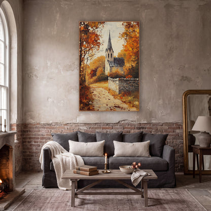 Autumn Village Chapel Path Landscape wall art in a moody dark academia room – autumn village chapel with slate spire